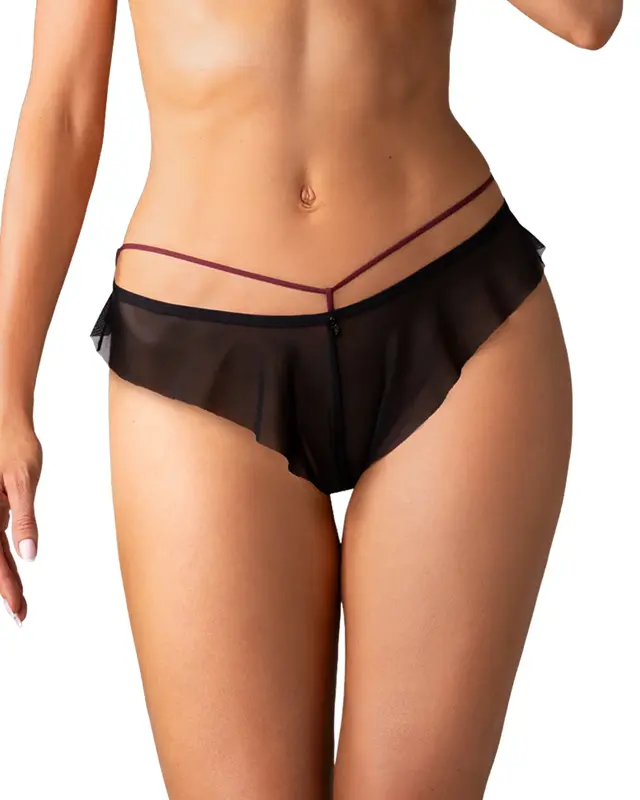 Schwarzer Slip mit Rüschen und bordeauxfarbenen Bändern PARISEL PANTIES Obsessive